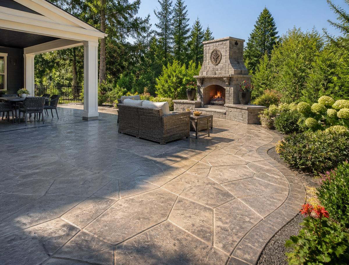 Stamped concrete patio with outdoor fireplace