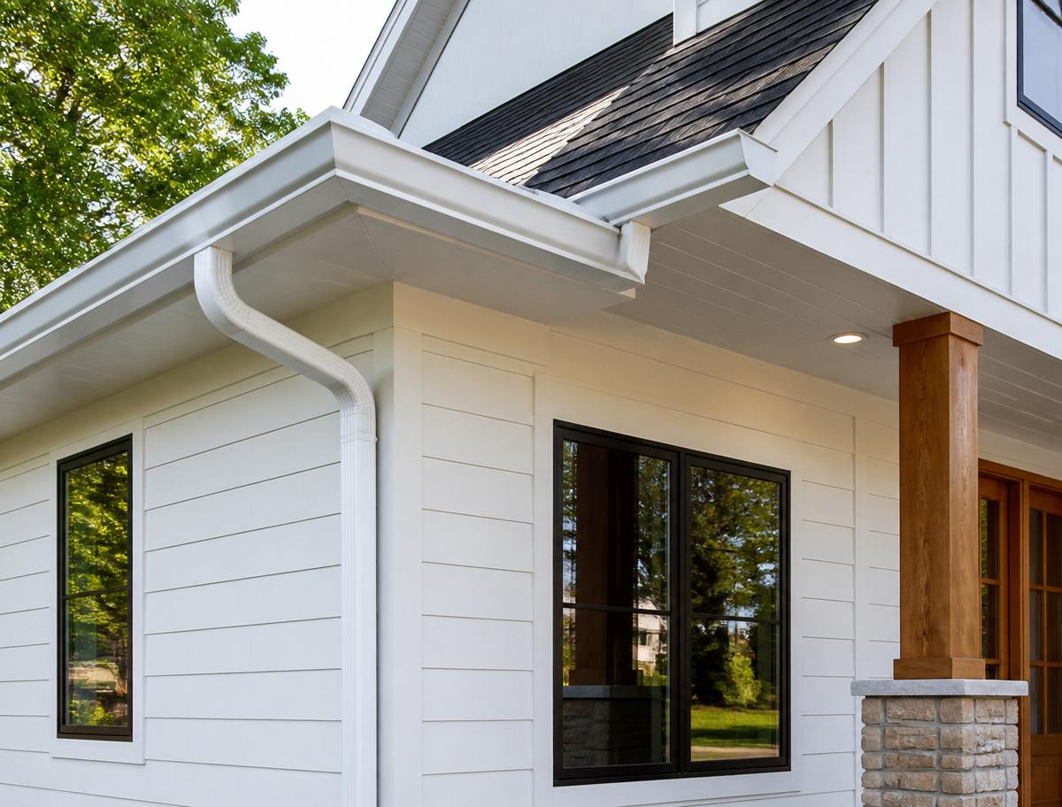 White seamless gutters on a modern farmhouse