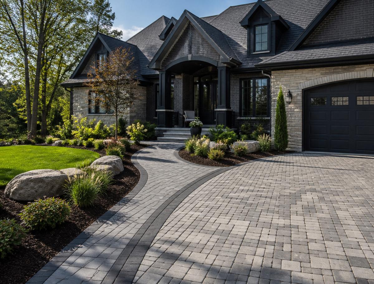 Curved gray stone paver driveway and walkway