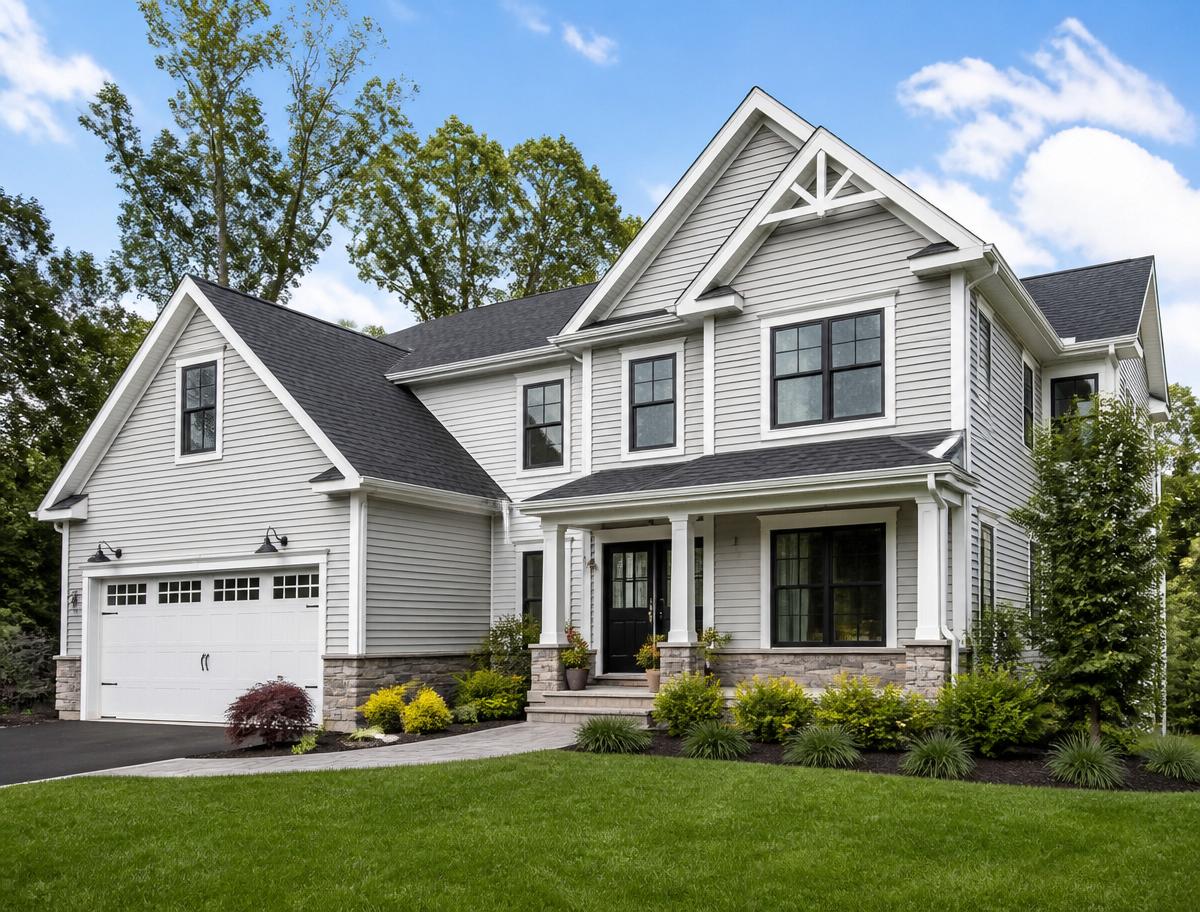 Modern home with new light gray siding and white trim